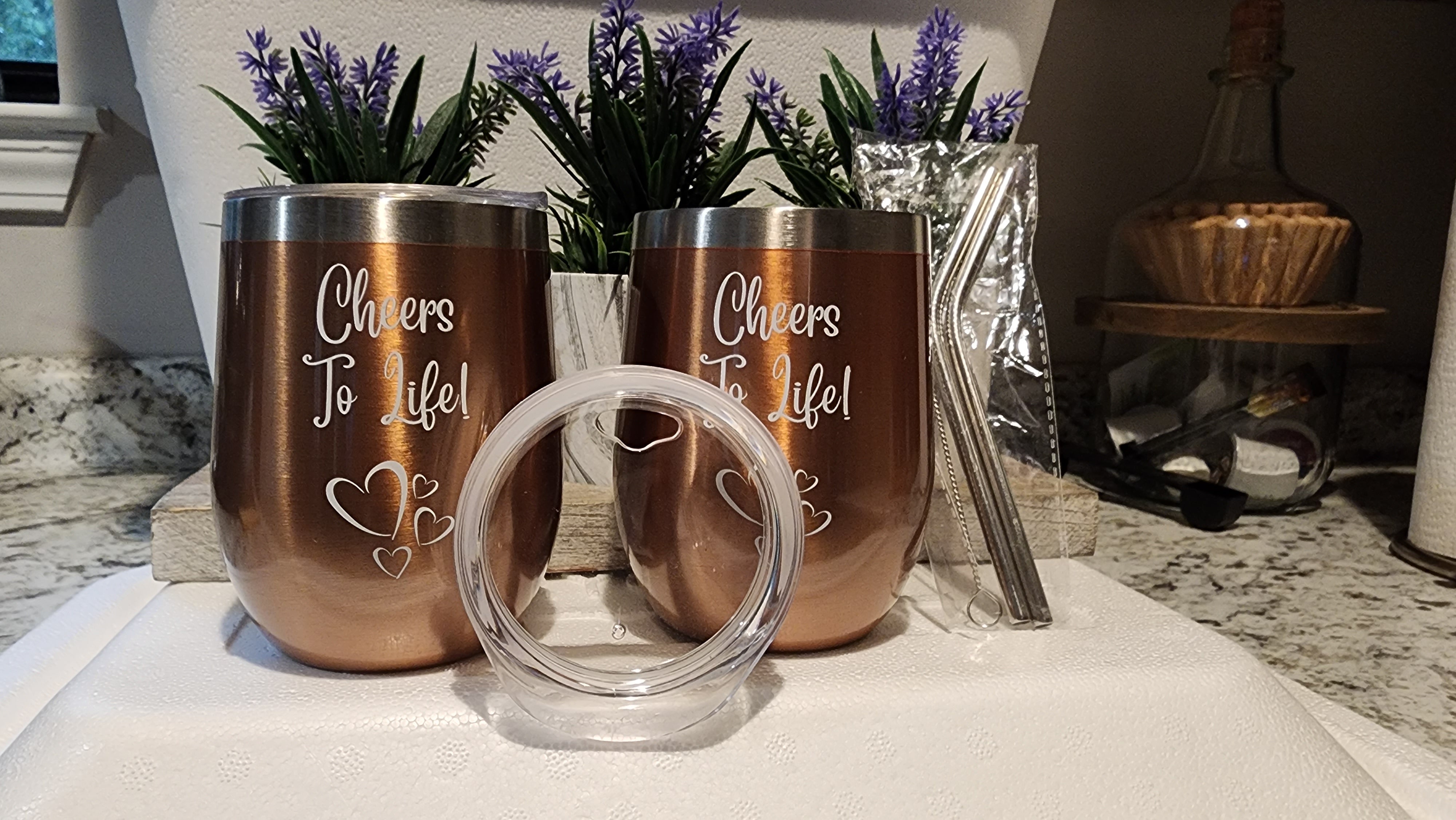 Set of 2 Copper Bronze 12 oz Double Wall Wine Tumblers with Lids, Straws, and Cleaning Brush