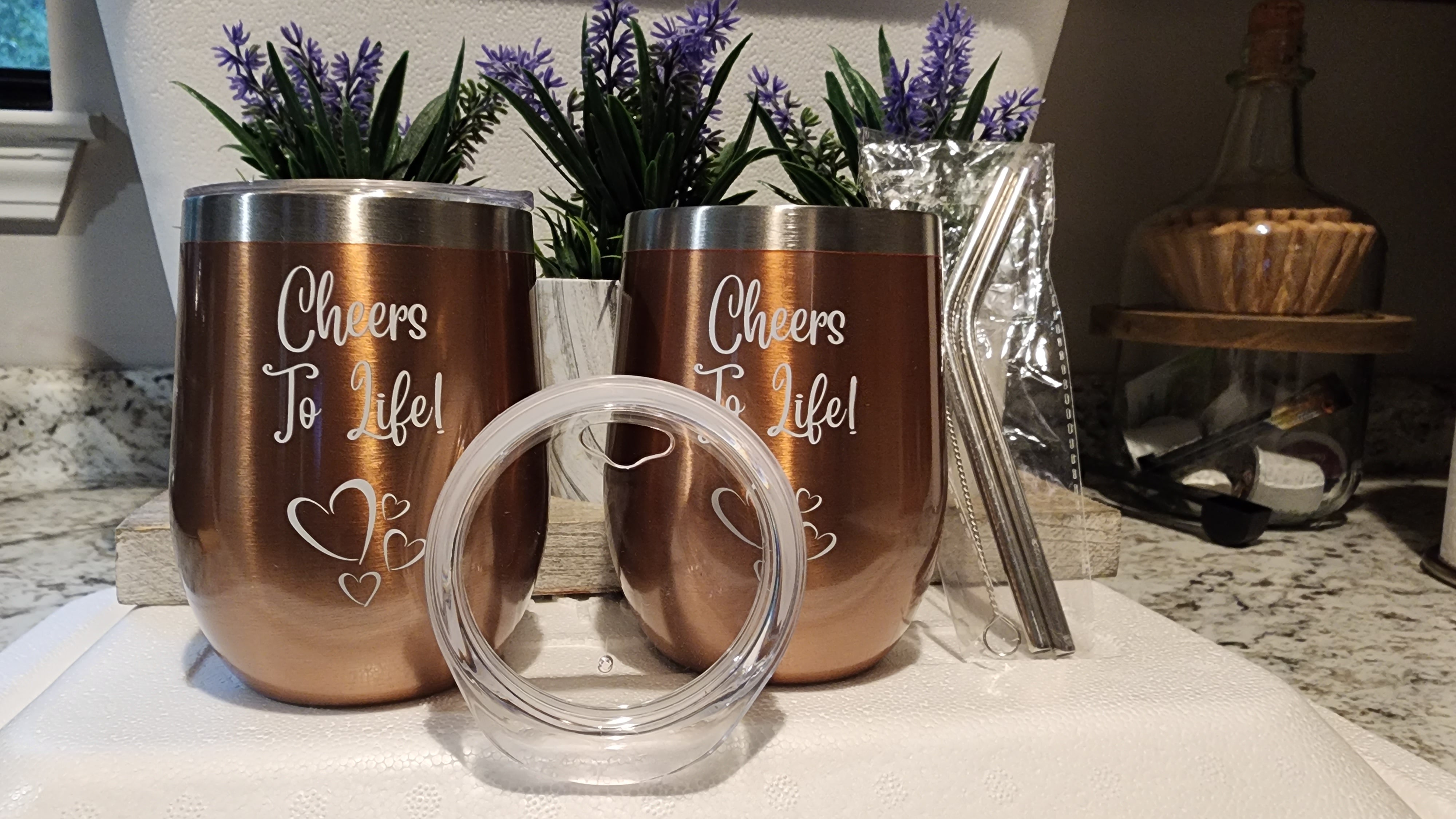 Set of 2 Copper Bronze 12 oz Double Wall Wine Tumblers with Lids, Straws, and Cleaning Brush