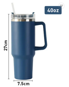 40 oz Stainless Steel Tumbler – Double-Wall Insulated with Handle, Lid, Metal & Plastic Straws