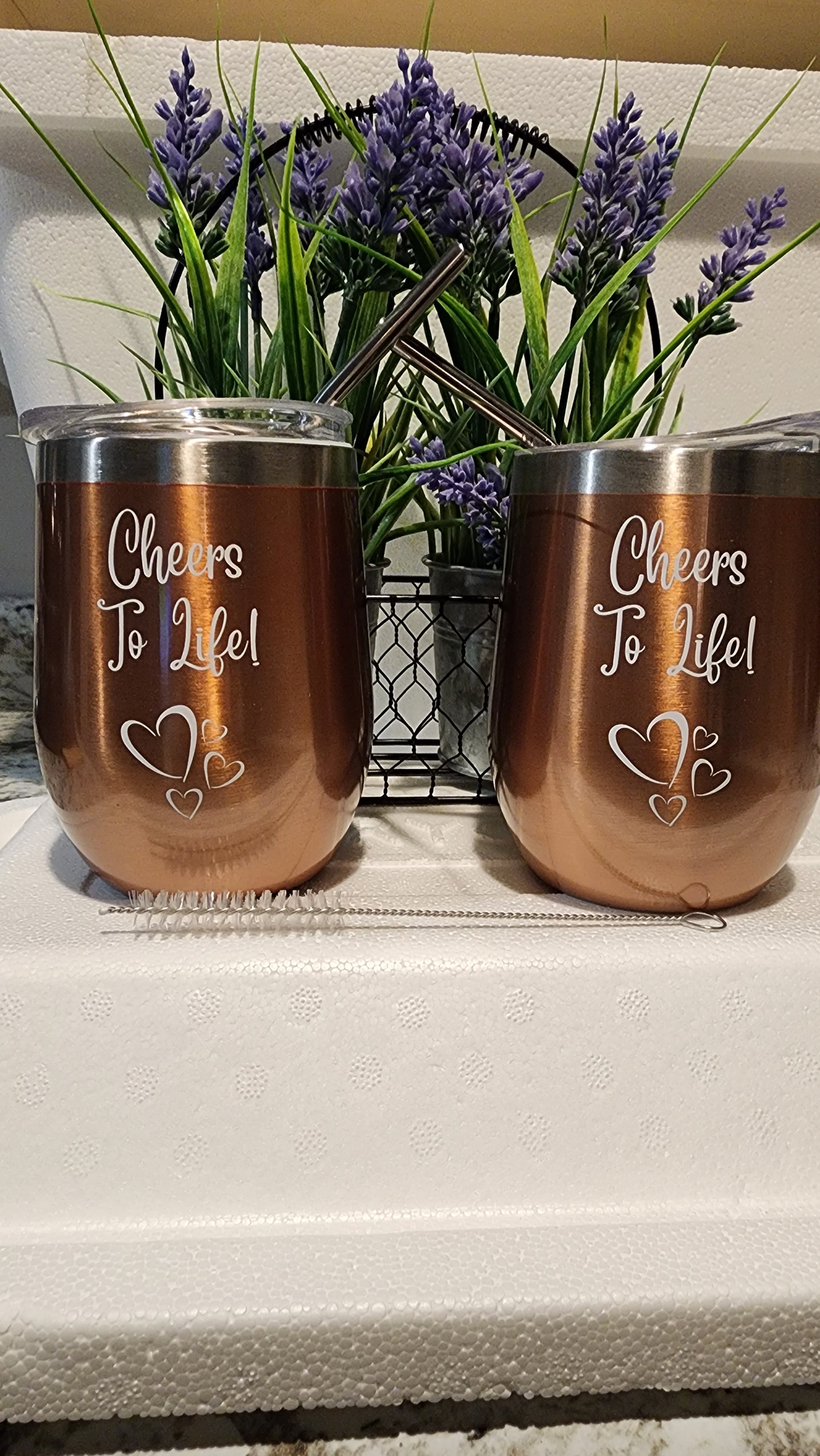 Set of 2 Copper Bronze 12 oz Double Wall Wine Tumblers with Lids, Straws, and Cleaning Brush