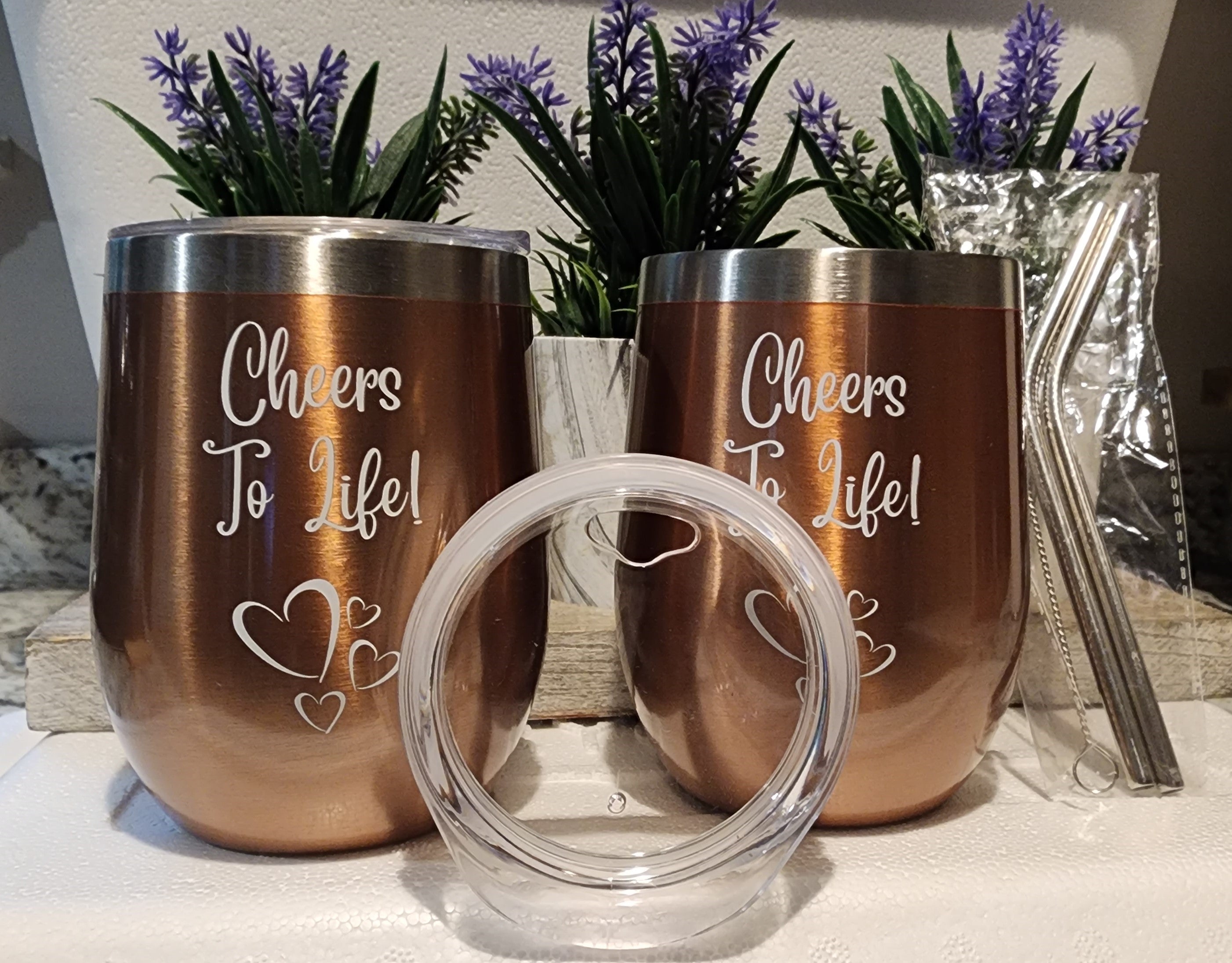 Set of 2 Copper Bronze 12 oz Double Wall Wine Tumblers with Lids, Straws, and Cleaning Brush