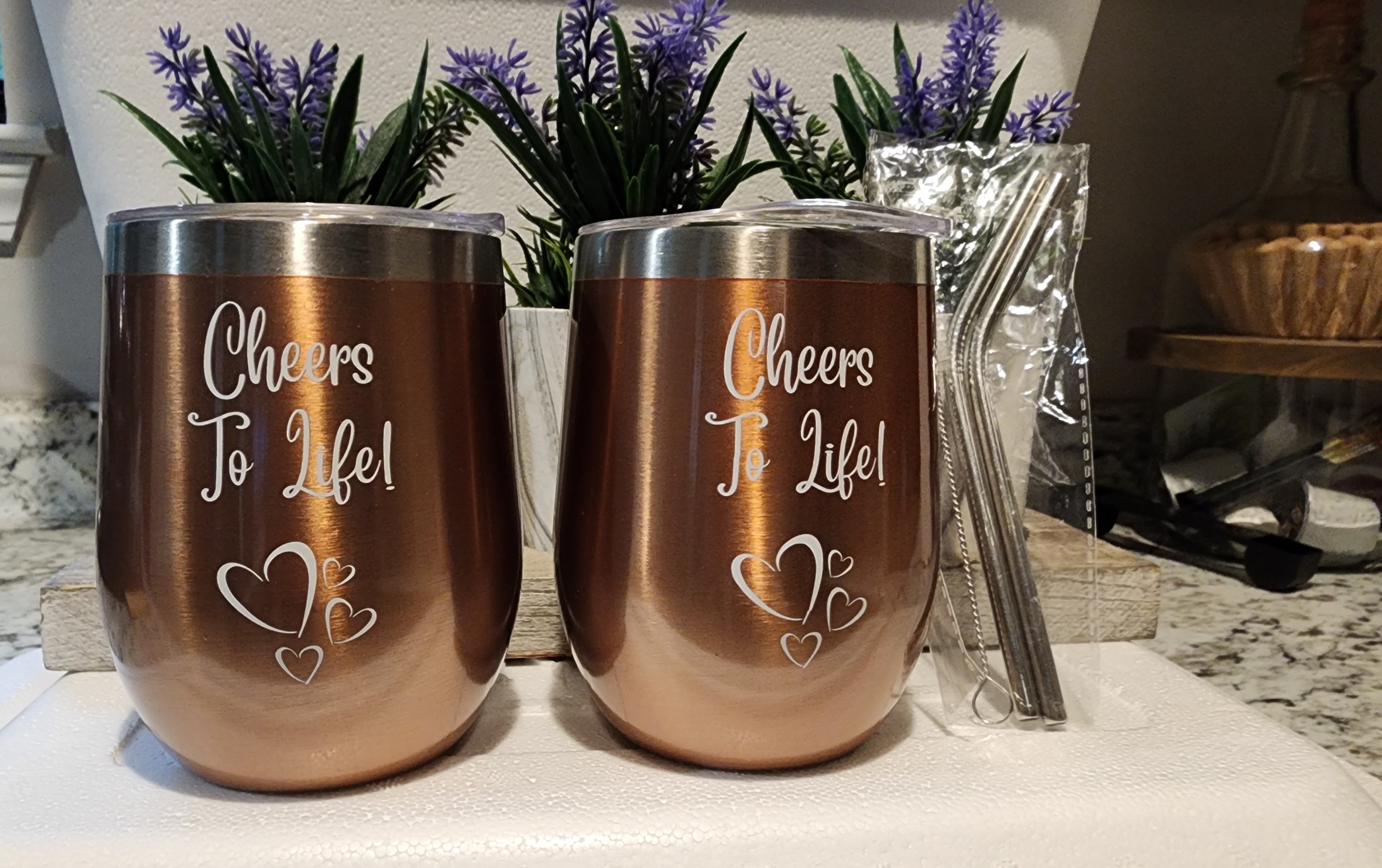 Set of 2 Copper Bronze 12 oz Double Wall Wine Tumblers with Lids, Straws, and Cleaning Brush