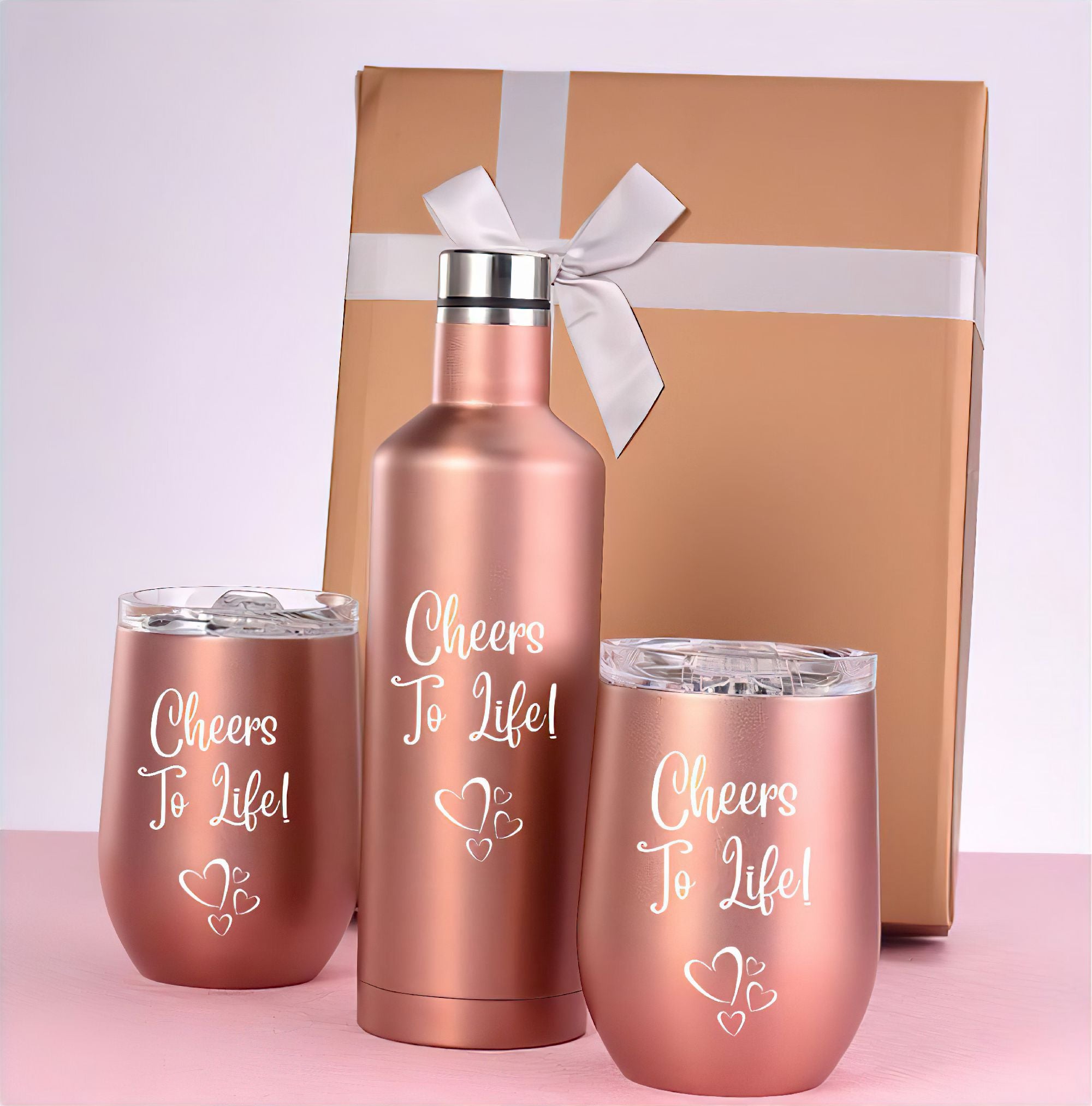 Deluxe Rose Gold 750ML Insulated Bottle with 2 Double Walled 12 oz Tumblers – Stylish and Durable